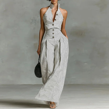 Office Lady Elegant Button Down Jumpsuit Spring Striped Print High Waist Woman Romper Elegant Sleeveless Wide Leg Pants Overalls