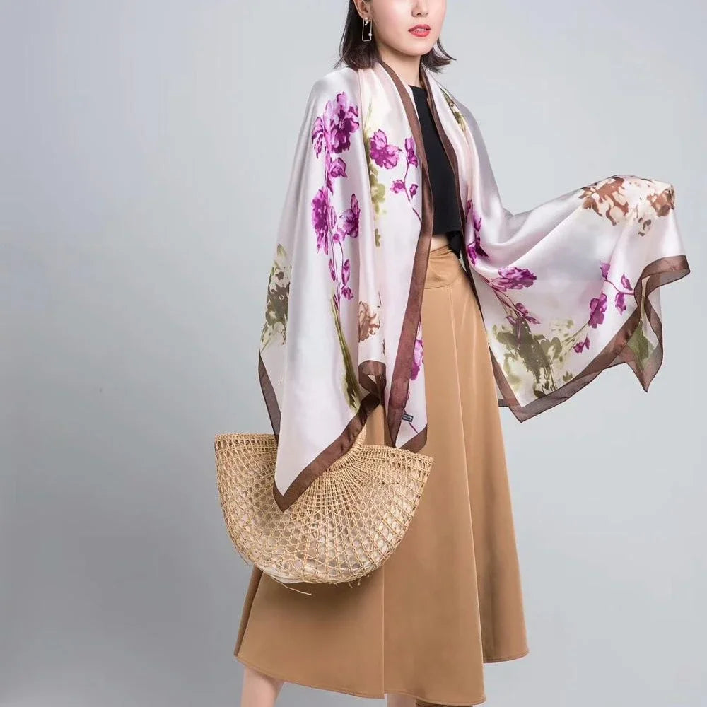 Designer Almond Blossoms Printed Silk Scarf Women Luxury Sun Protection Shawl Ladies Summer Beach Pareo Sarong Travel Wrap 180cm