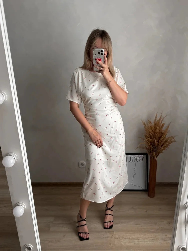 Tossy Floral Print Midi Dress Ruched Dress Round Neck Short Sleeve Fitted Waist Small Flower Print Bodycon Party Clubwear Dress
