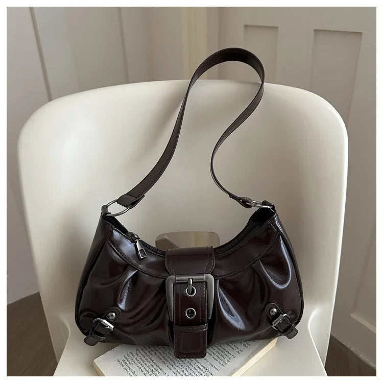 Fashion Pleated Lock Design Women's PU Shoulder Bags Simple Solid Color Ladies Underarm Bag Portable Cool Girls Phone Handbag