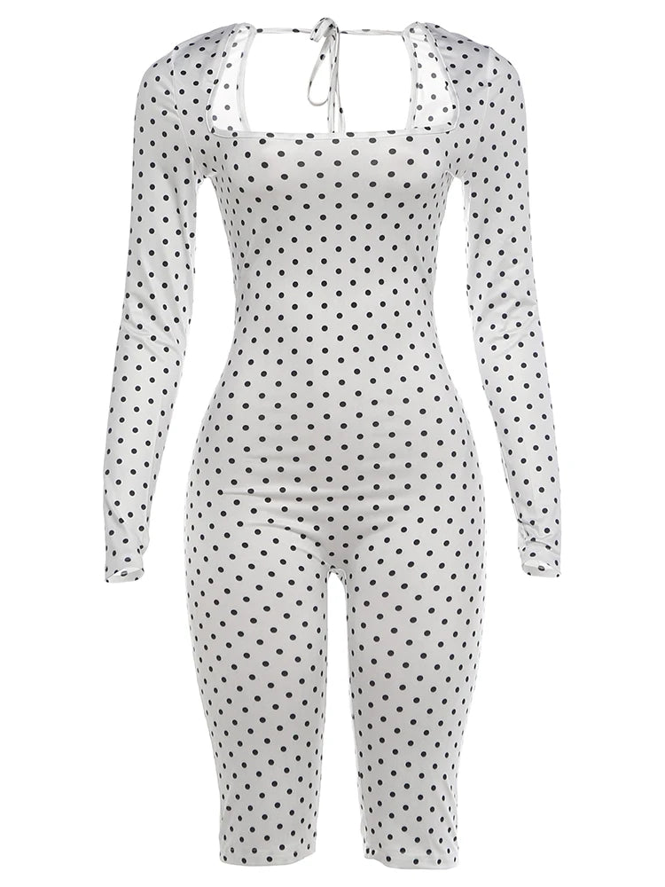 Weird Puss Sexy Fashion Playsuits Woman Polka Dot Print Square Collar Full Sleeve Skinny Peach Hip Midnight Club Party Rompers