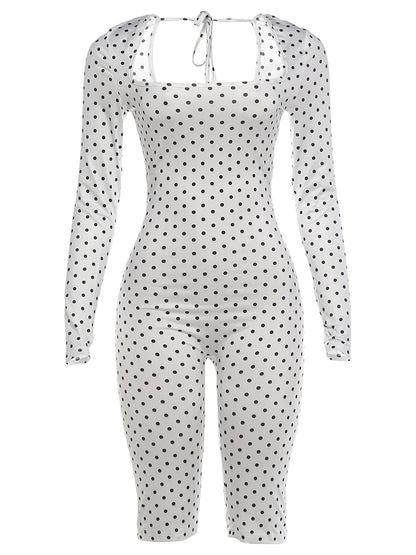 Weird Puss Sexy Fashion Playsuits Woman Polka Dot Print Square Collar Full Sleeve Skinny Peach Hip Midnight Club Party Rompers