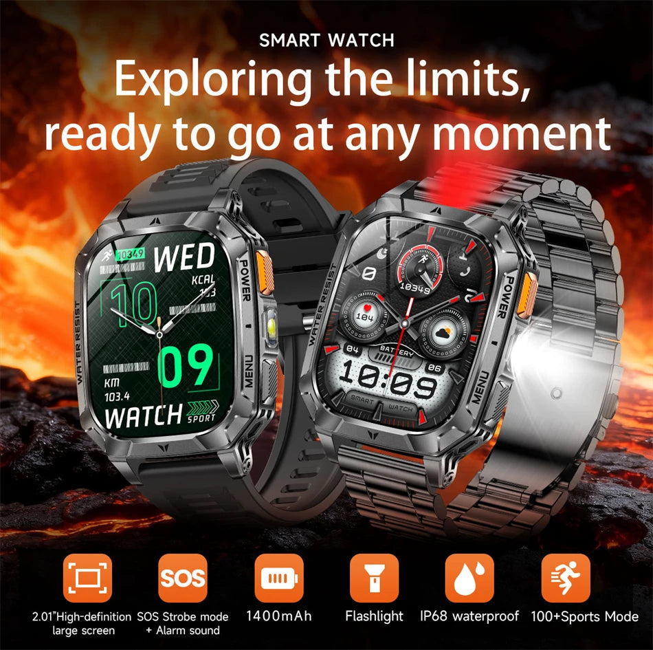 New 1400 mAh Battery Military Smartwatch Men IP68 Waterproof Flashlight Health Monitor Sports Call Smart Watch For iOS Android
