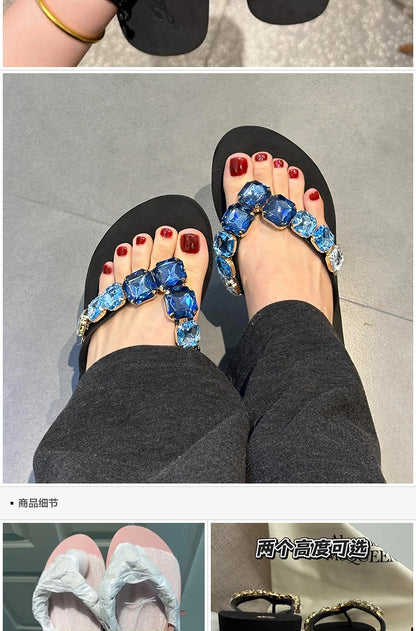 Square Rhinestone Flip-Flops Popular in Ins Summer Blingbling Star Street Shooting Slope Heel Slippers Women Flat Beach Slippers