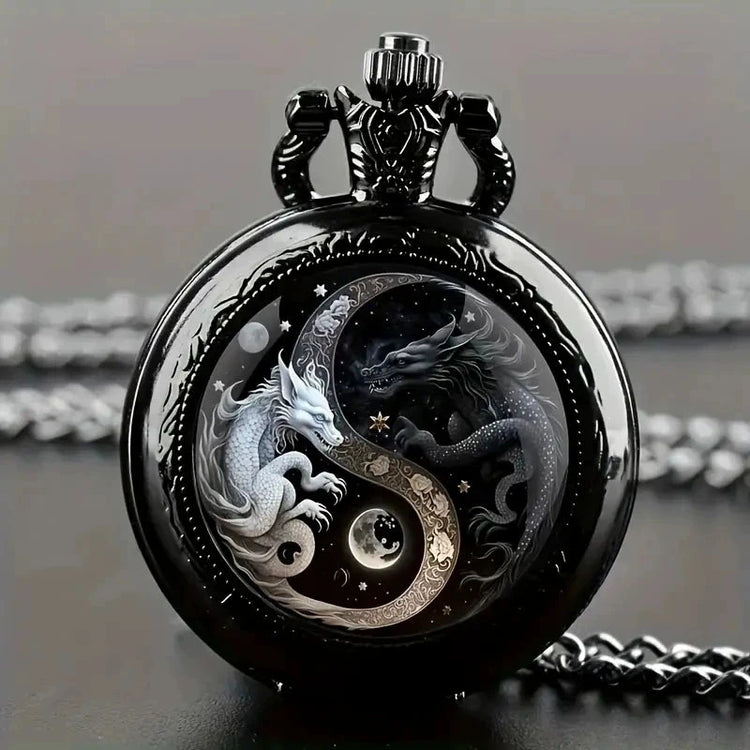 Retro Golden And Silvery Double Dragon Quartz Pocket Watch