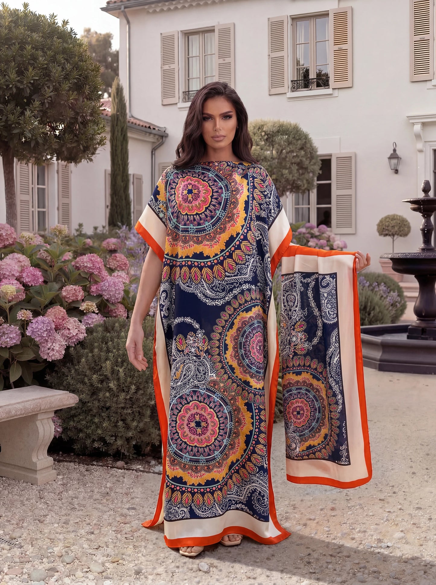 Boho Mandala Paisley Print Satin Abaya Scarf Set, Loose Batwing Maxi Kaftan For Muslim Women Summer Beach Vacation Wear