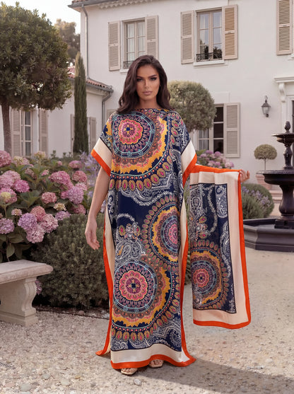 Boho Mandala Paisley Print Satin Abaya Scarf Set, Loose Batwing Maxi Kaftan For Muslim Women Summer Beach Vacation Wear