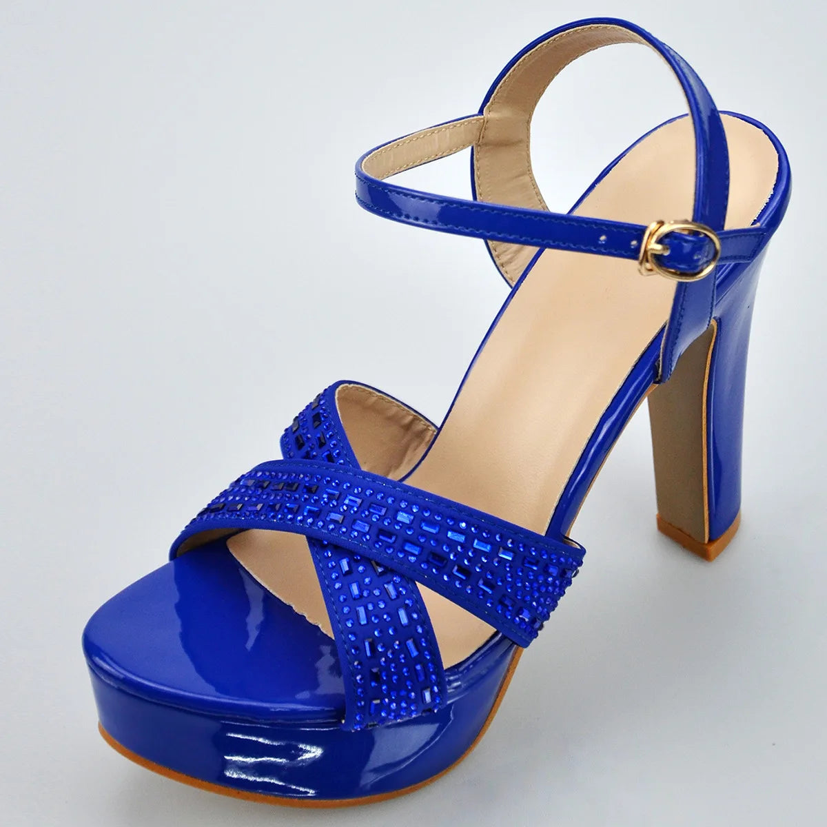 Blue Rhinestone Sandals With Platform Summer Party Dress Luxury Shoes For Woman 12CM Thick High Heels Cross Band Elegant Sandals
