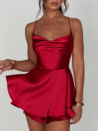 Women Sleeveless Satin Playsuits Fashion Summer Short Sling Backless Jumpsuits Cross Tie-Up Bandage Romper Streetwear Outfit