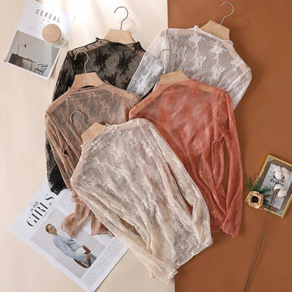 Sexy Women Mesh T-Shirts Transparent Lace Blouse Long Sleeve See Through Tops For Women Bottoming Shirt Sheer Tees Body Crop Top