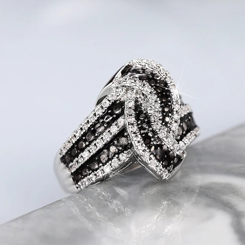 925 Sterling Silver Black Enamel Knot Ring for Women New Modern Design Chic Female Finger Ring Party Bling CZ Statement Jewelry