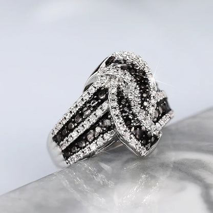 925 Sterling Silver Black Enamel Knot Ring for Women New Modern Design Chic Female Finger Ring Party Bling CZ Statement Jewelry