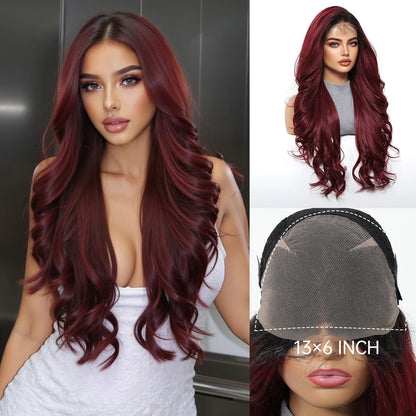 13*6 Lace Front Synthetic Wigs for Black Women Brown Copper 26 Inches Long Wavy Curly Wigs With Baby Hair Natural Hairline Wigs