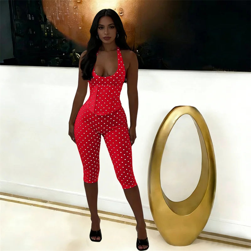 Doyerl Polka Dot One Piece Jumpsuits for Woman Club Outfits Halter V-neck Backless Lace-up Bandage Corset Bodycon Romper Mono