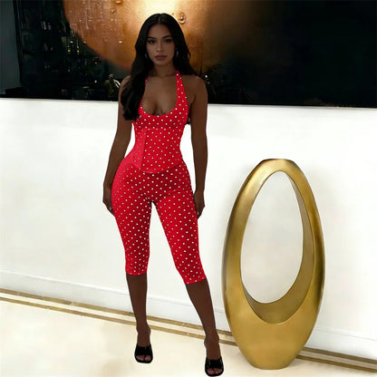 Doyerl Polka Dot One Piece Jumpsuits for Woman Club Outfits Halter V-neck Backless Lace-up Bandage Corset Bodycon Romper Mono