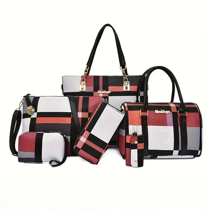 6 Pcs Women Plaid Handbag Set Fashion Checkered PU Leather Tote Shoulder Crossbody Bag Ladies Clutch Purse Card Coin Wallet Multi-piece Bag Set For Daily Shopping Party