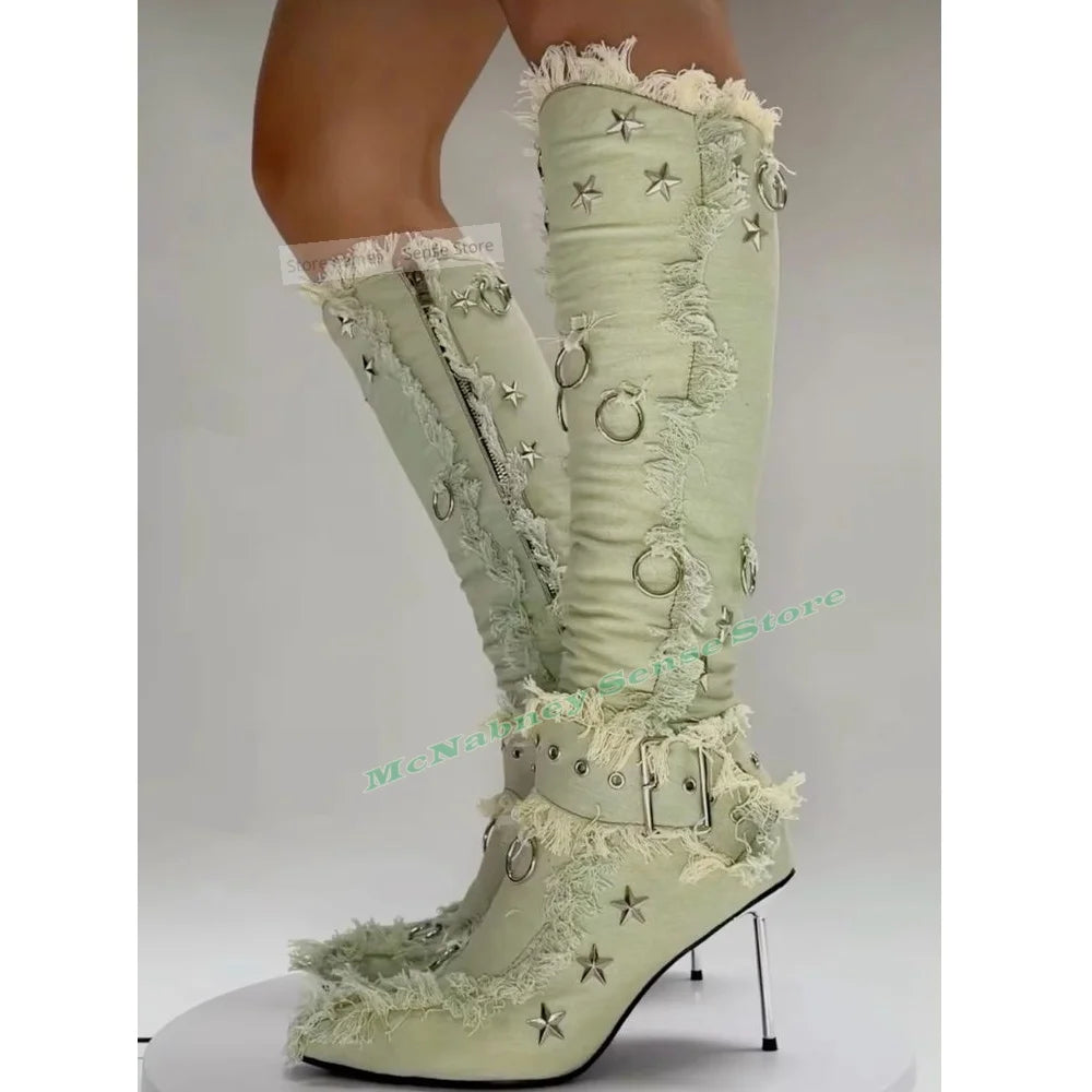 Cotton Fabric Stars Boots Pointy Toe Solid Metal Thin High Heels Buckles Straps Boots Knee High New Style Women Shoes Autumn