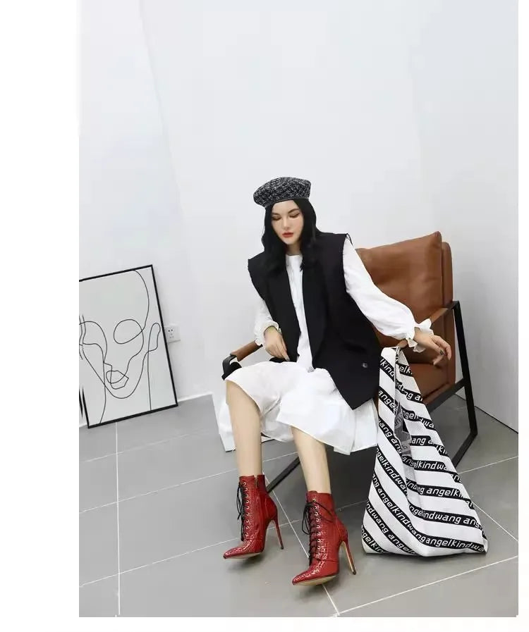 12CM Stiletto Heels Botas Mujer Fashion Pointed Lace-up Ankle Boots Roman Ladies Shoes Autumn Winter Women Emboss Short Booties