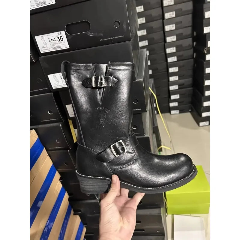 Motorcycle Boots Men's Black Knight Shoes Black Leather Belt Buckles Chelsea Boots Trendy Luxury Handmade Men's Shoes
