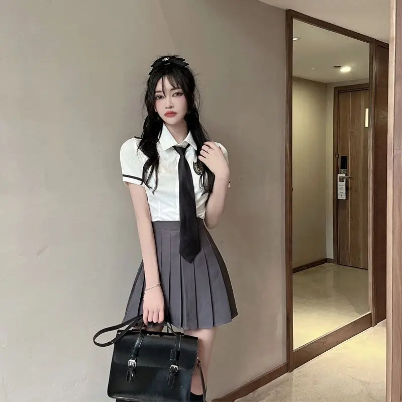 2025 improved daily jk uniform summer new white short/long sleeve shirt + pleated skirt jk uniform two-piece set for women w237