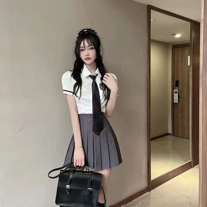 2025 improved daily jk uniform summer new white short/long sleeve shirt + pleated skirt jk uniform two-piece set for women w237