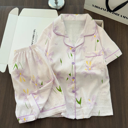 Women Summer Lapel Open Front Pajama Set Short Sleeve Top Shorts, Sweet Ins Teen Loungewear, Casual Daily Outdoor Home Wear Suit
