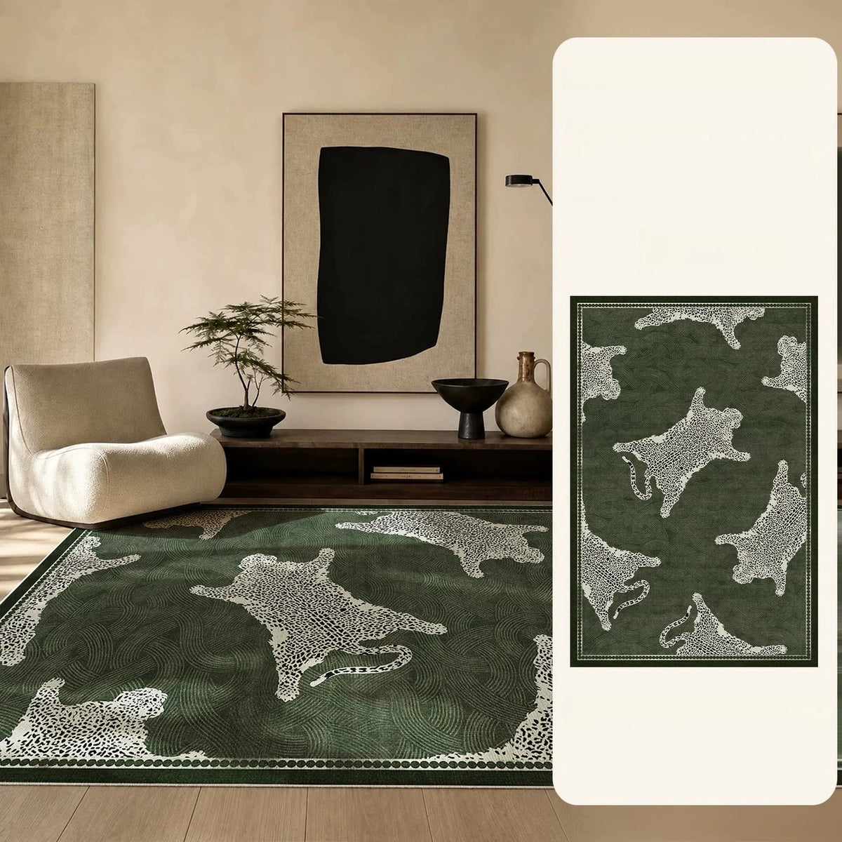 Large Area Bedroom Decor Green Carpet Retro Style Rugs for Bedroom Washable Lounge Leopard Print Floor Mat Anti-slip Bedside Rug