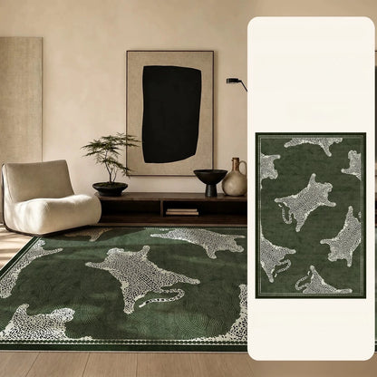 Large Area Bedroom Decor Green Carpet Retro Style Rugs for Bedroom Washable Lounge Leopard Print Floor Mat Anti-slip Bedside Rug