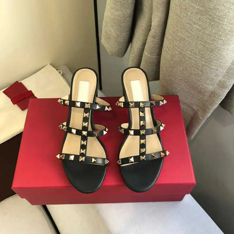 Luxury Women's Shoes Gladiator Shoes Woman 2026 Trend for Women's Sandals Summer Slippers Chunky Heel Leather Rivets High Heels