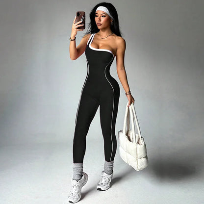 Women Sports One Shoulder Jumpsuits Tracksuits Yoga Pants Bodysuits Line Workout Fitness Gym Training Athletic Tights Suits