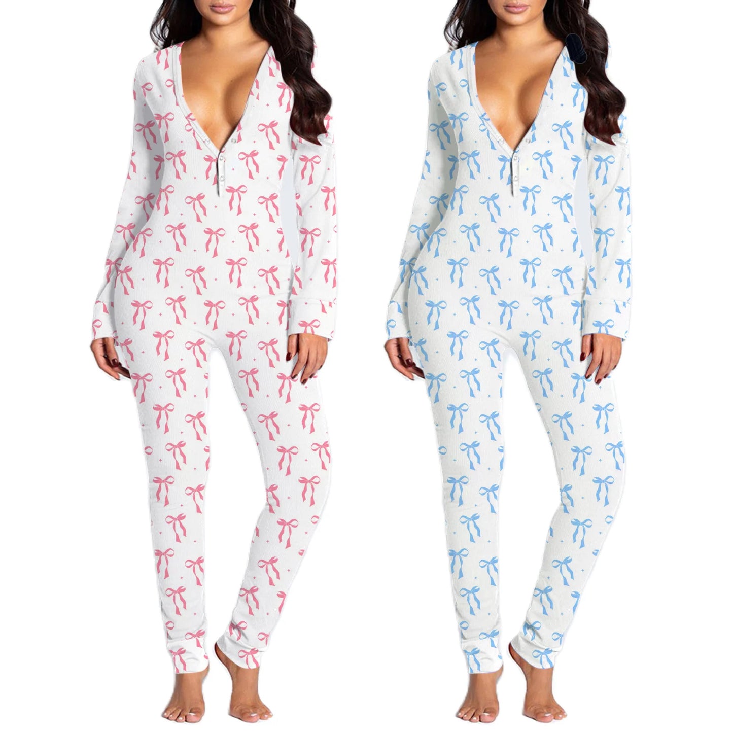 Combhasaki Women Sleeping Rompers Pajamas  Long Sleeve V-Neck Printed Slim Detachable Crotch Elastic Homewear Jumpsuits