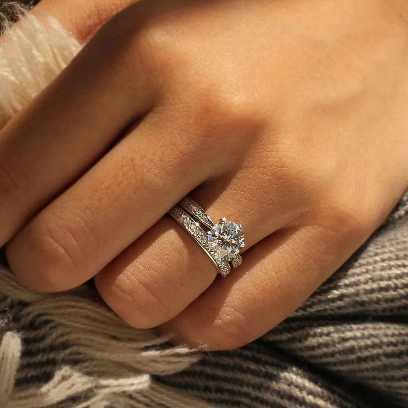925 Sterling Silver Bright 6 Claws Cubic Zirconia Rings Set for Women Elegant Gorgeous 2Pcs/Set Wedding Band Jewelry Trendy
