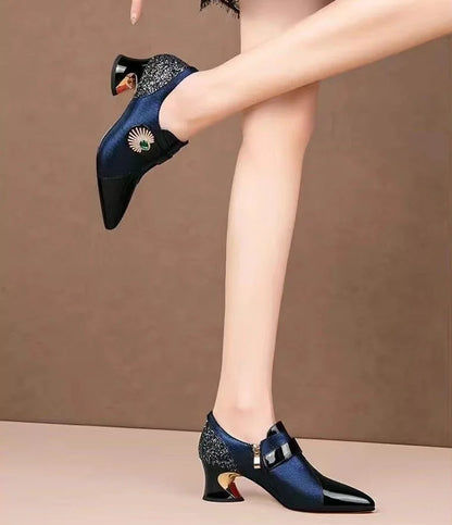 Deep Mouthed Color Blocked High Heels 2025 Spring Autumn New Style Thick Heel Fashionable Pointed Side Zipper Leather Shoes