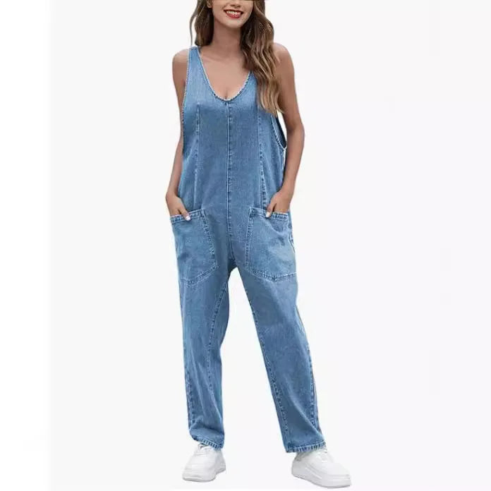 Denim Jumpsuit Women One Piece Sleeveless Rompers Pocket V Neck Spliced Casual Overalls Loose Jeans Jumpsuit Y2k Streetwear