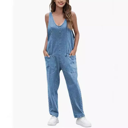 Denim Jumpsuit Women One Piece Sleeveless Rompers Pocket V Neck Spliced Casual Overalls Loose Jeans Jumpsuit Y2k Streetwear