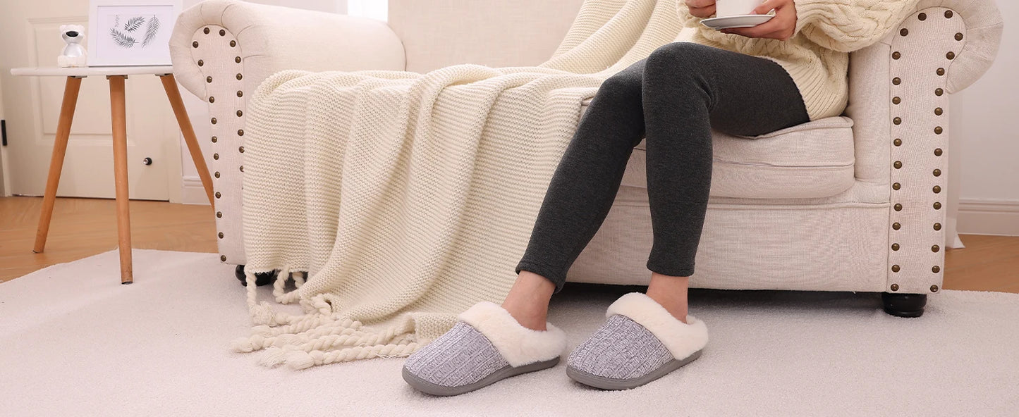 Pallene Winter Women's Fur Slippers Soft Sole Memory Foam Indoor Cotton Shoes Plush Lining Knit Slides Fluffy Men House Slippers
