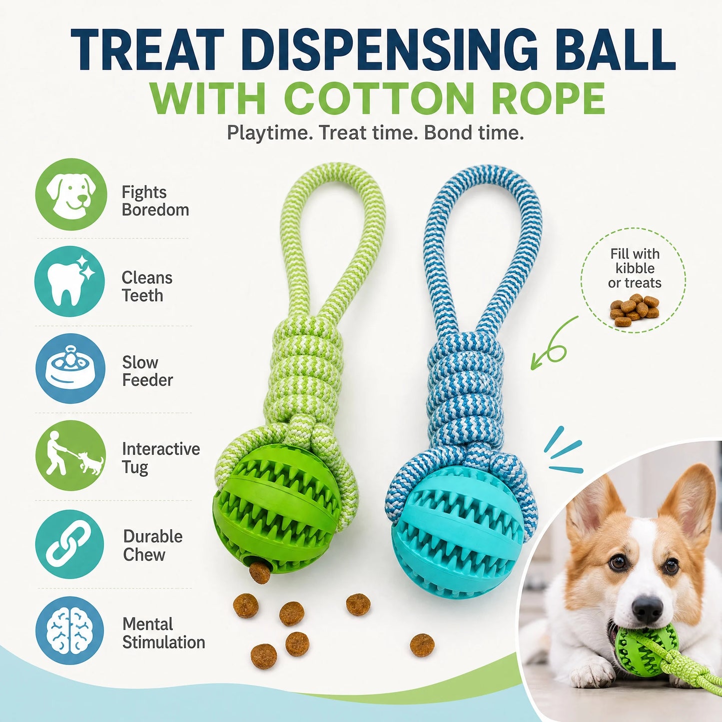 Interactive Dog Toys Treat Dispensing Ball Cotton Rope Tug Chew Toy for Small Medium Large Dogs Teeth Cleaning Bite Resistant Pet Supply