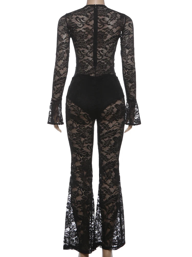 Nibber See Through Jumpsuits Woman Metal Rings Patchwork Hollow Design Sexy Full Sleeve Midnight Club Party Wild Style Overalls
