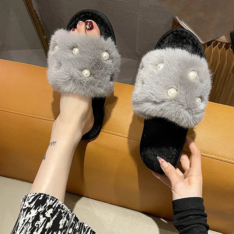 Perle Fluffy Slippers Home Winter Casual Designer Shoes Women 2025 New Luxury Indoor Plush Slides Girls Fashion Elegant Footwear