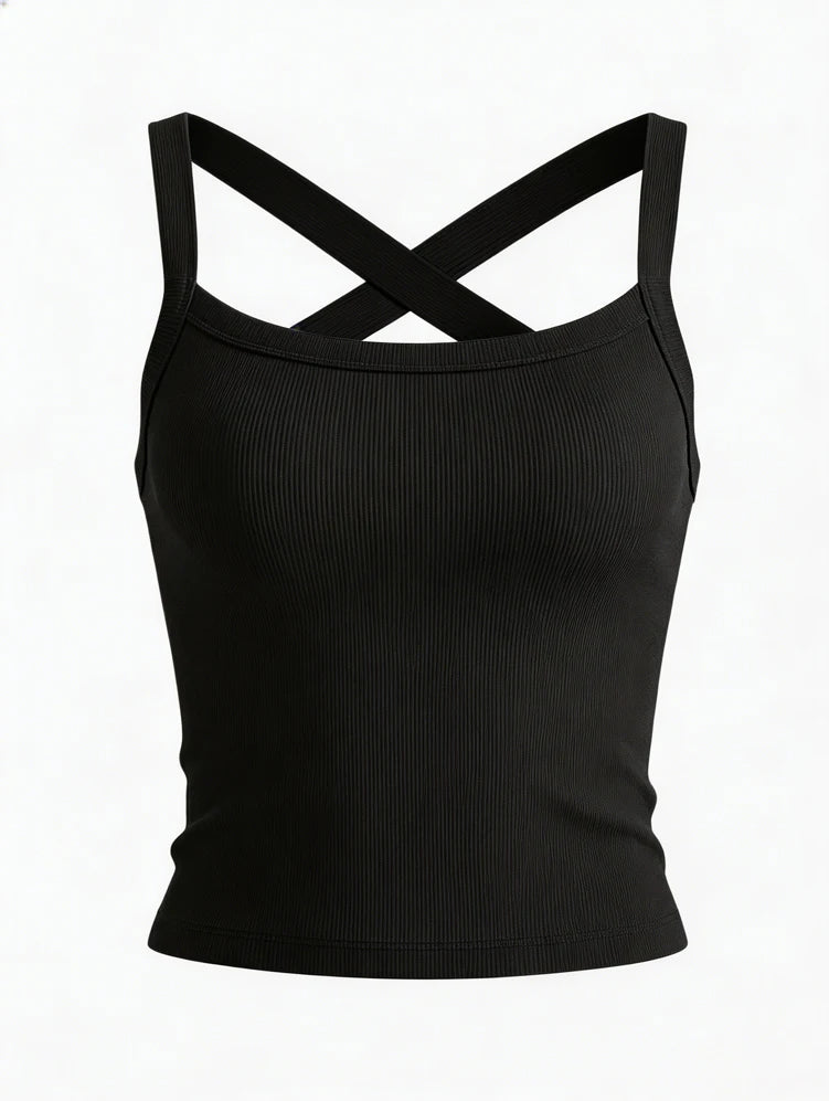 Low-Neck Vest Women Cross Shoulder Strap Solid Skinny Stretch Sexy Midnight Hottie Beach Party Sporty Basis Tops