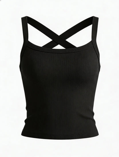Low-Neck Vest Women Cross Shoulder Strap Solid Skinny Stretch Sexy Midnight Hottie Beach Party Sporty Basis Tops