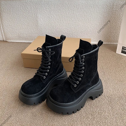 Comemore Platform Lace Up Ankle Boots Retro British Style Chunky Heeled Suede Leather Shoes for Women Solid Short Work Botas
