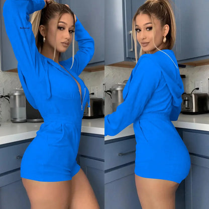 Hooded Jumpsuit Women Short Jumpsuit Black Blue Neon Geen Pink Overalls One Piece Outfit Jumpsuit Women Rompers Ropa Mujer