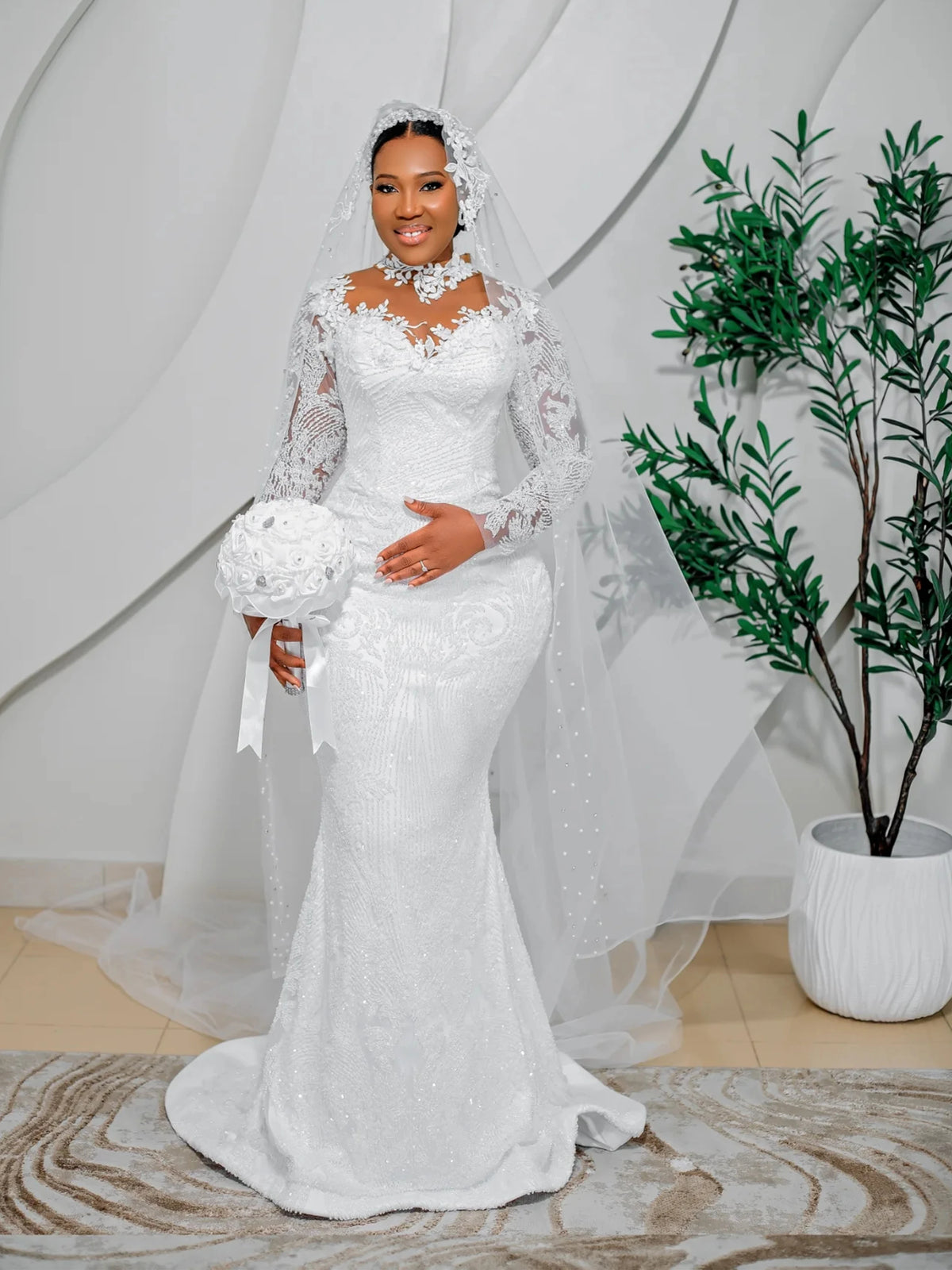 Mermaid Wedding Dresses Long Sleeve High Neck Bride Dress Lace Beading African Bridal Gown vestido de novia Customized