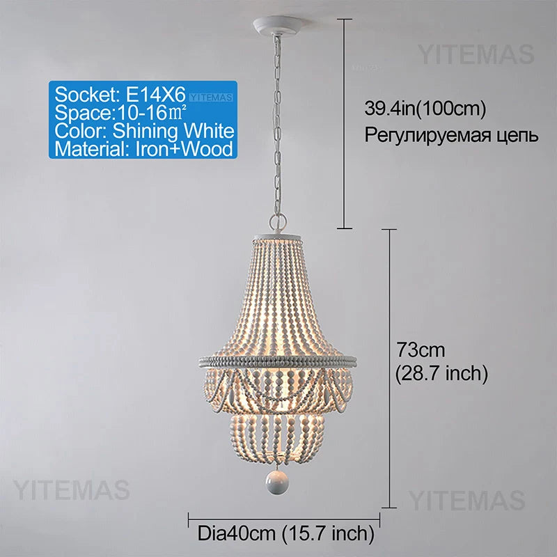 Blue Grey Wooden Beads 8 Lights Chandeliers For Foyers Vintage White Chandelier Lighting Bedroom Living Room Boho Pendant Light