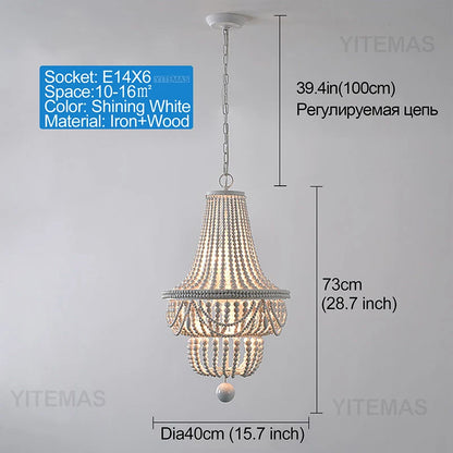 Blue Grey Wooden Beads 8 Lights Chandeliers For Foyers Vintage White Chandelier Lighting Bedroom Living Room Boho Pendant Light