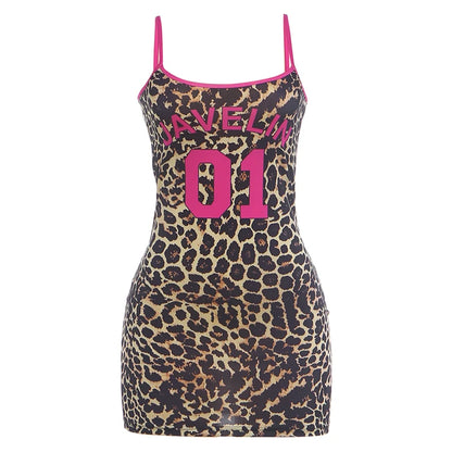 Weird Puss Hottie Trend Leopard Dress Women Sexy Digital Print Line Patchwork Low-Neck Sleeveless Fashion Party Club Bodycon