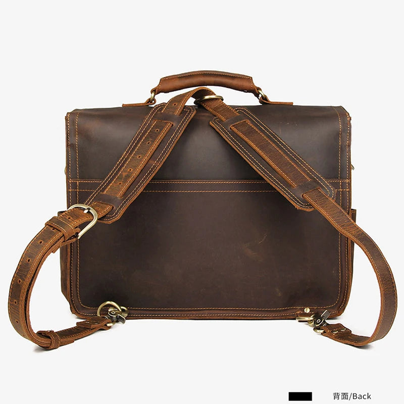 Vintage Crazy Horse Genuine Leather Men Briefcase Large Business Bag Tote Office Bag 15.6“Laptop Case Attache Male Shoulder Bag