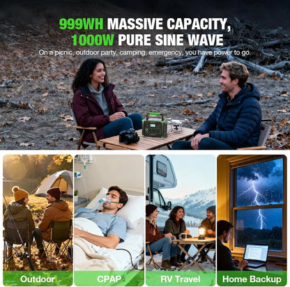 999Wh Portable Power Station 1000W for Outdoor & Home Backup | Solar Generator 10 Ports with 60W USB-C PD Fast Charging, Pure