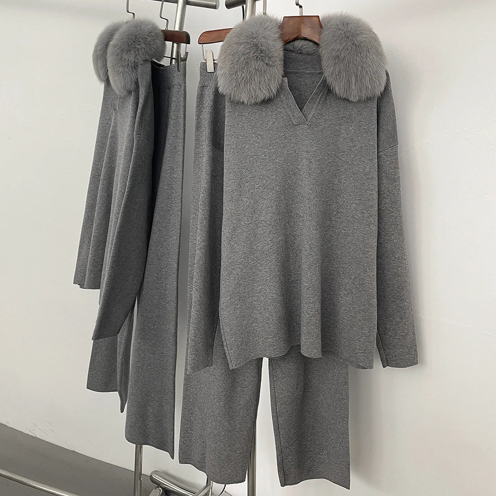 Reality Fur Jacket Pullover Set Woman Spring Knitted Suit Knitwear Female Real Fox Fur Collar Sweater Lady Autumn Knitted New
